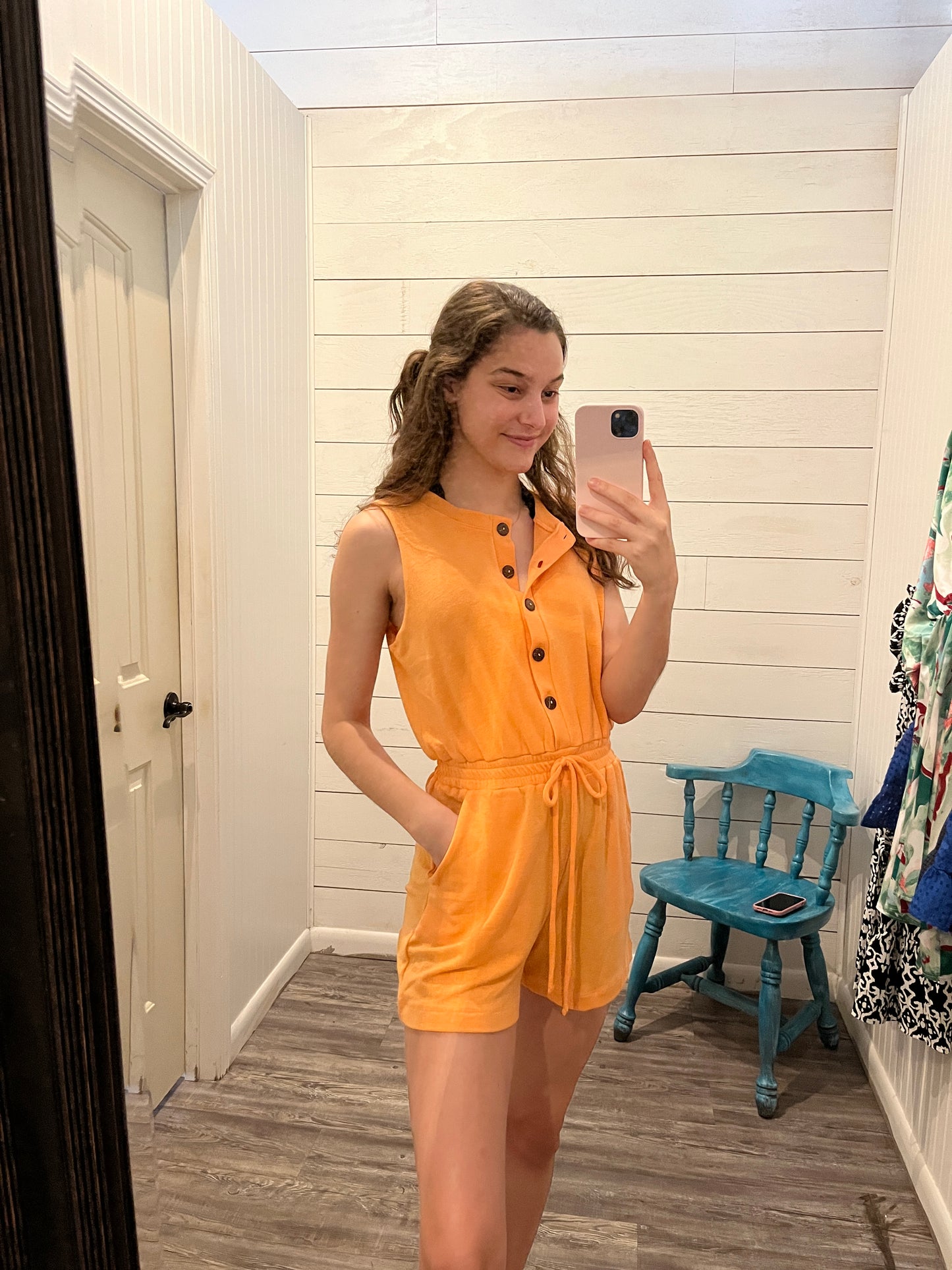 Orange Drawstring Romper w/ Pockets