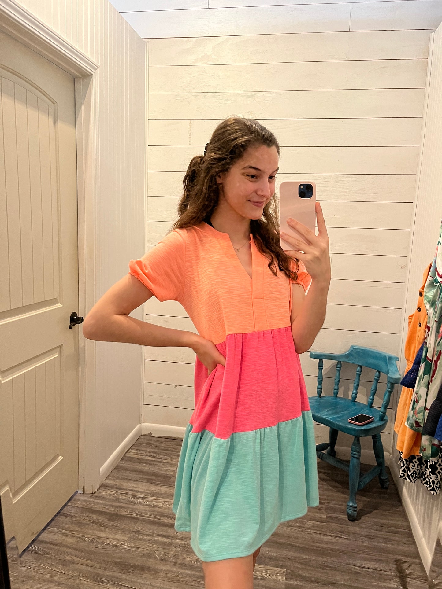 90s' Color Block Short Sleeve Mini Dress