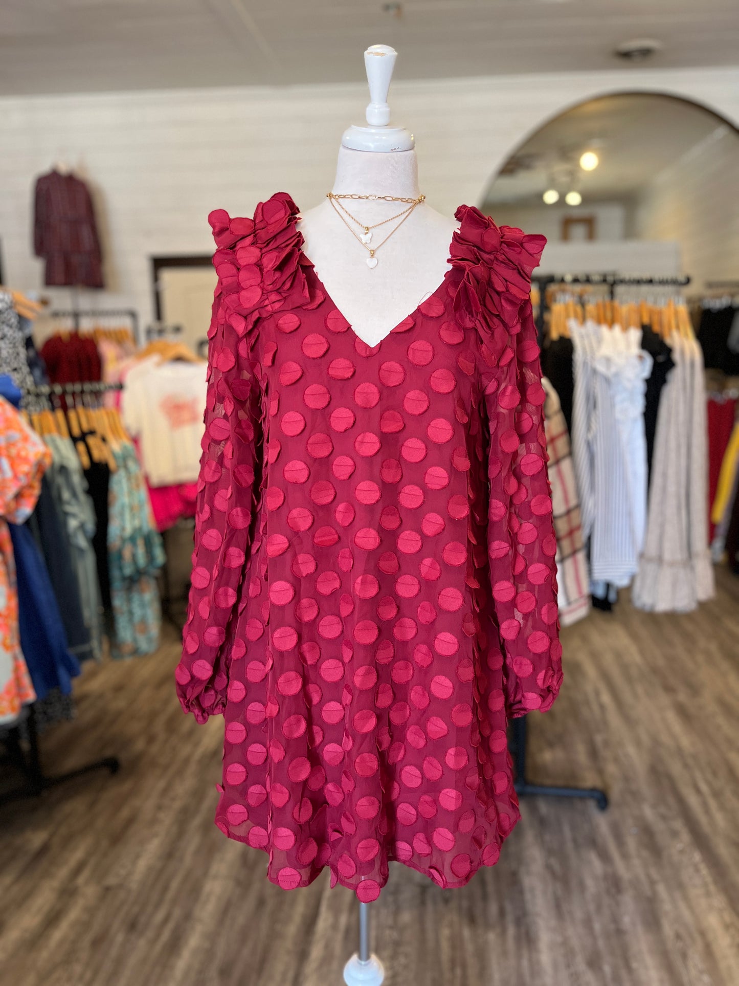 Burgundy Textured Long Sleeve Mini Dress
