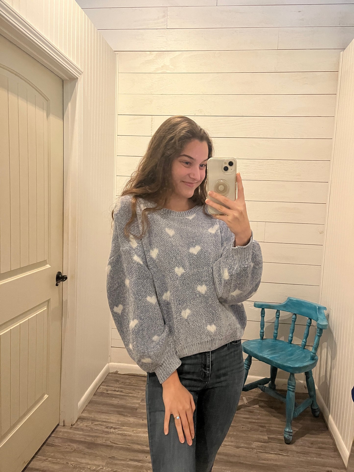 Dusty Blue Cropped Heart Print Sweater