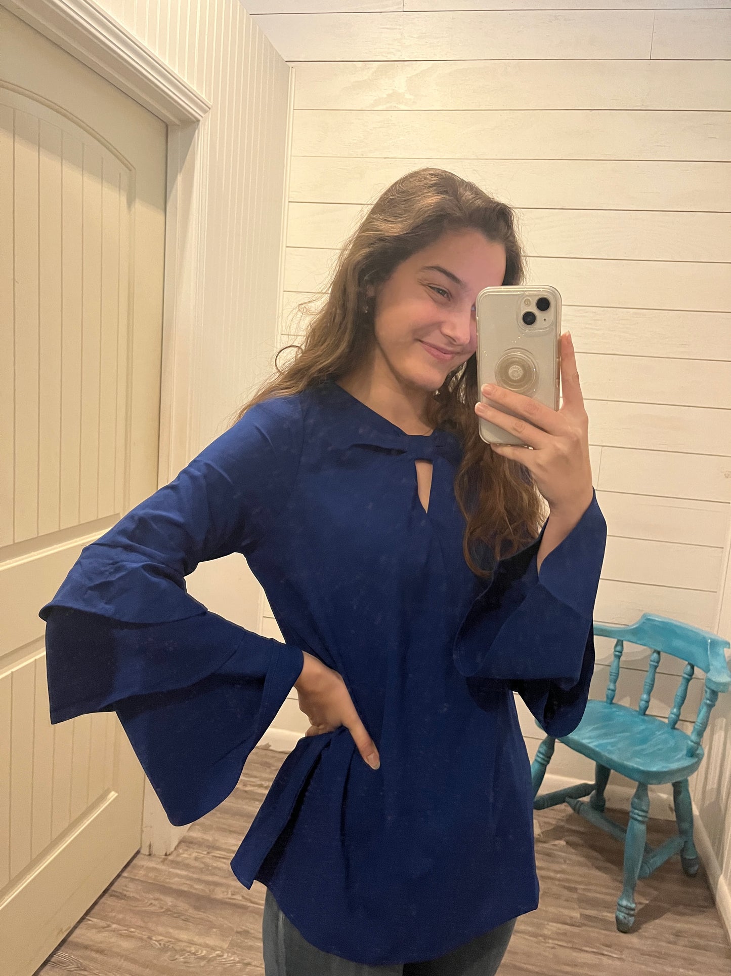 Royal Blue Blouse with Long Sleeve Ruffled Bell Sleeves & Embellished Peephole Neckline