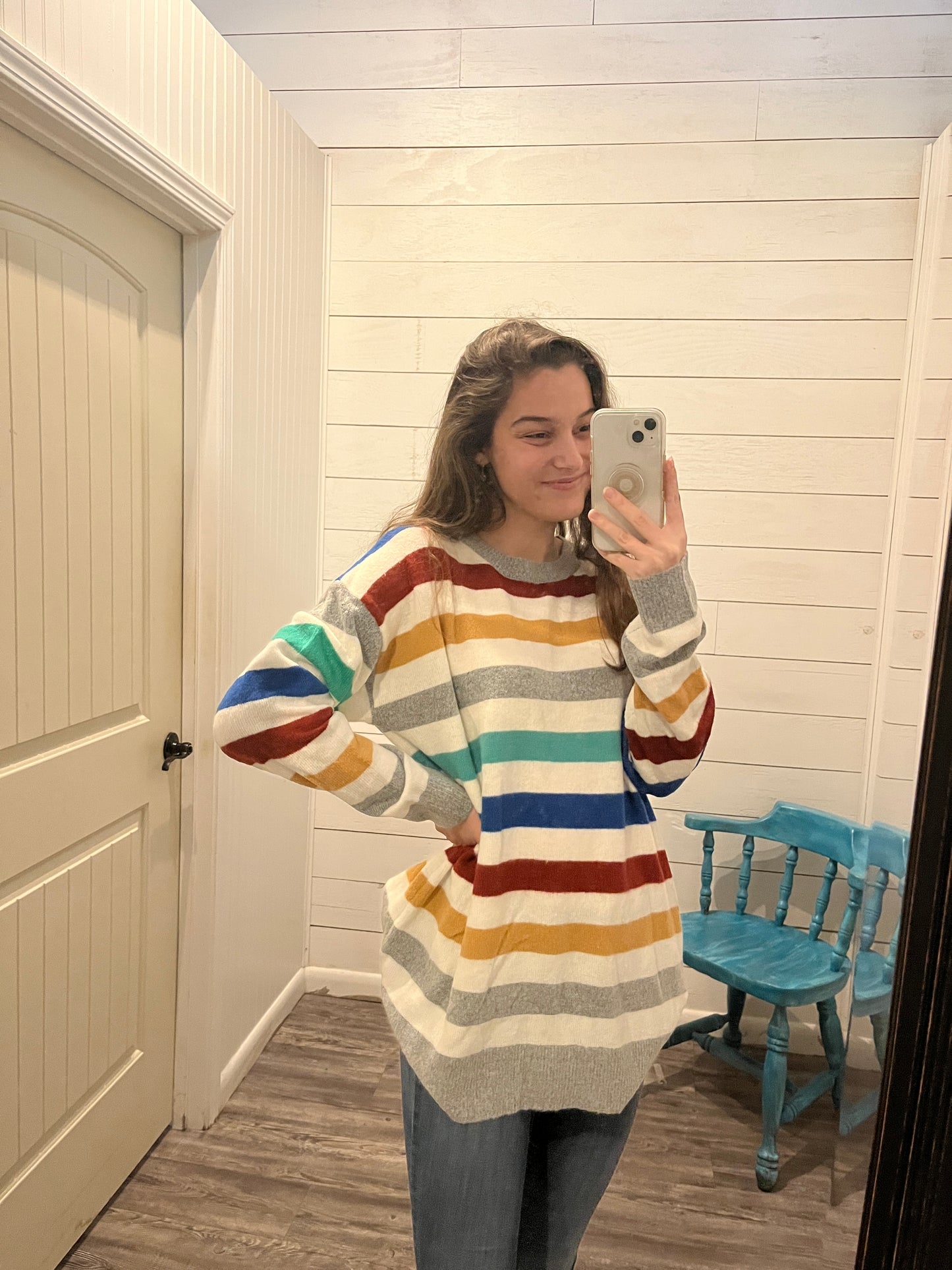 Multicolor Striped Sweater w/ Gray Neckline