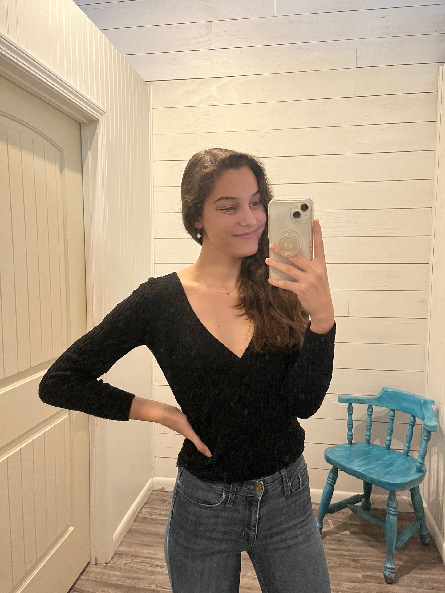 Black Wrap V-Neck Sweater Top