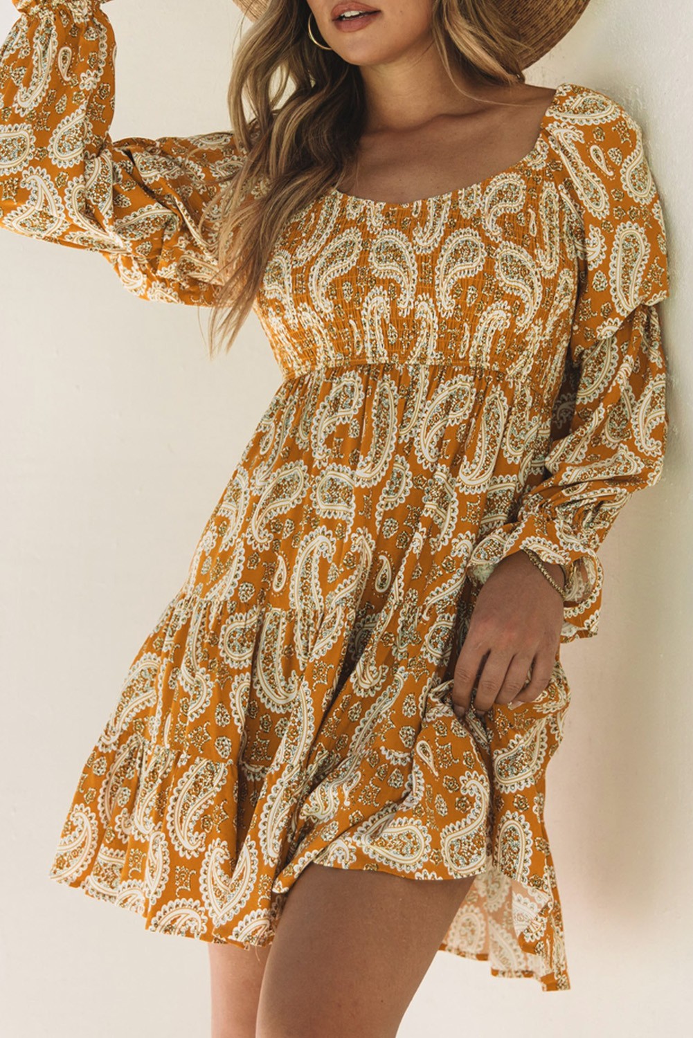Mustard Paisley Mini Dress w/ Romantic Puff Sleeves