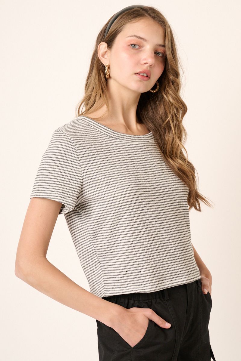 Black + White Striped Short Sleeve Crop Top