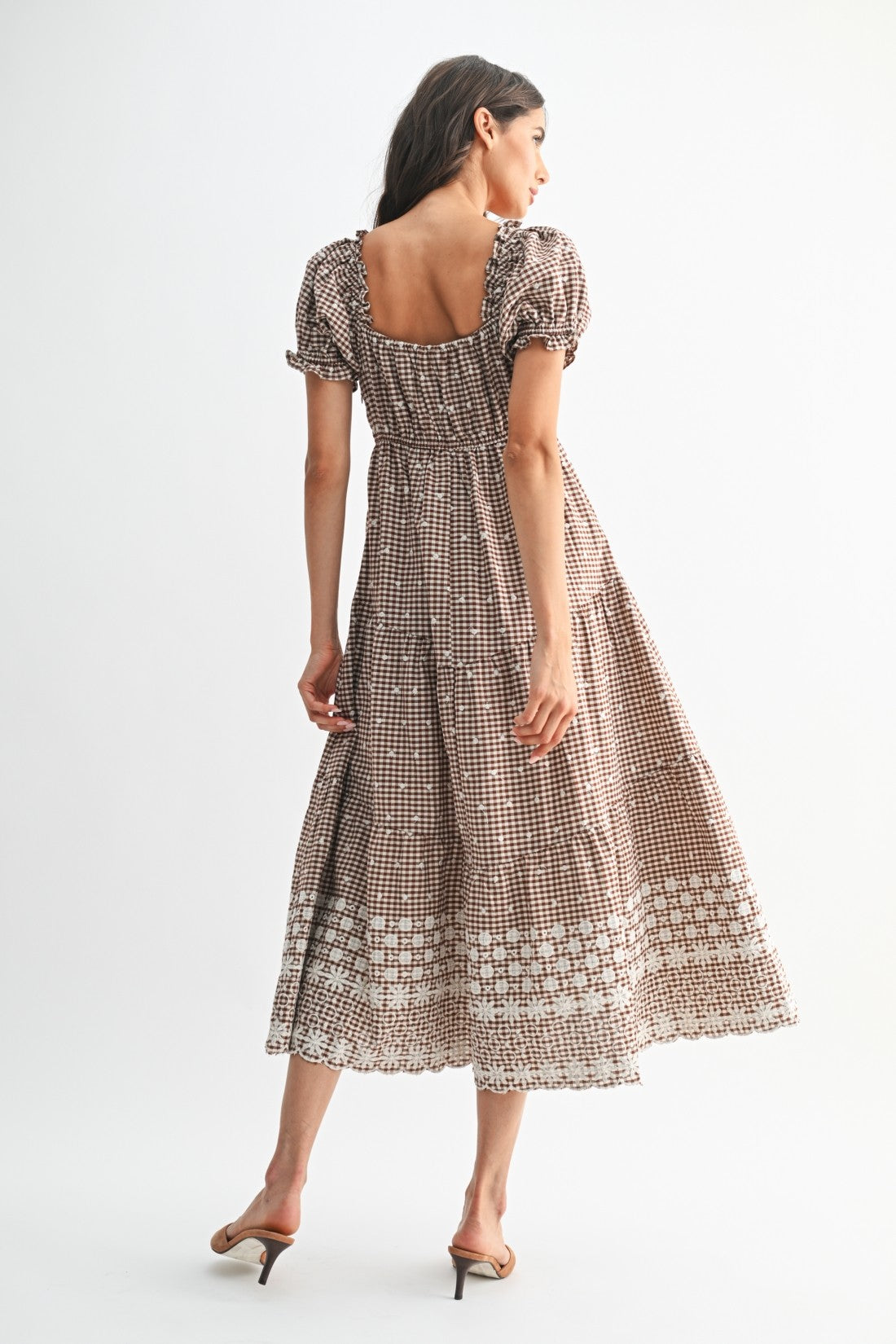 Brown/Ivory Gingham Short Puff Sleeve Midi Dress