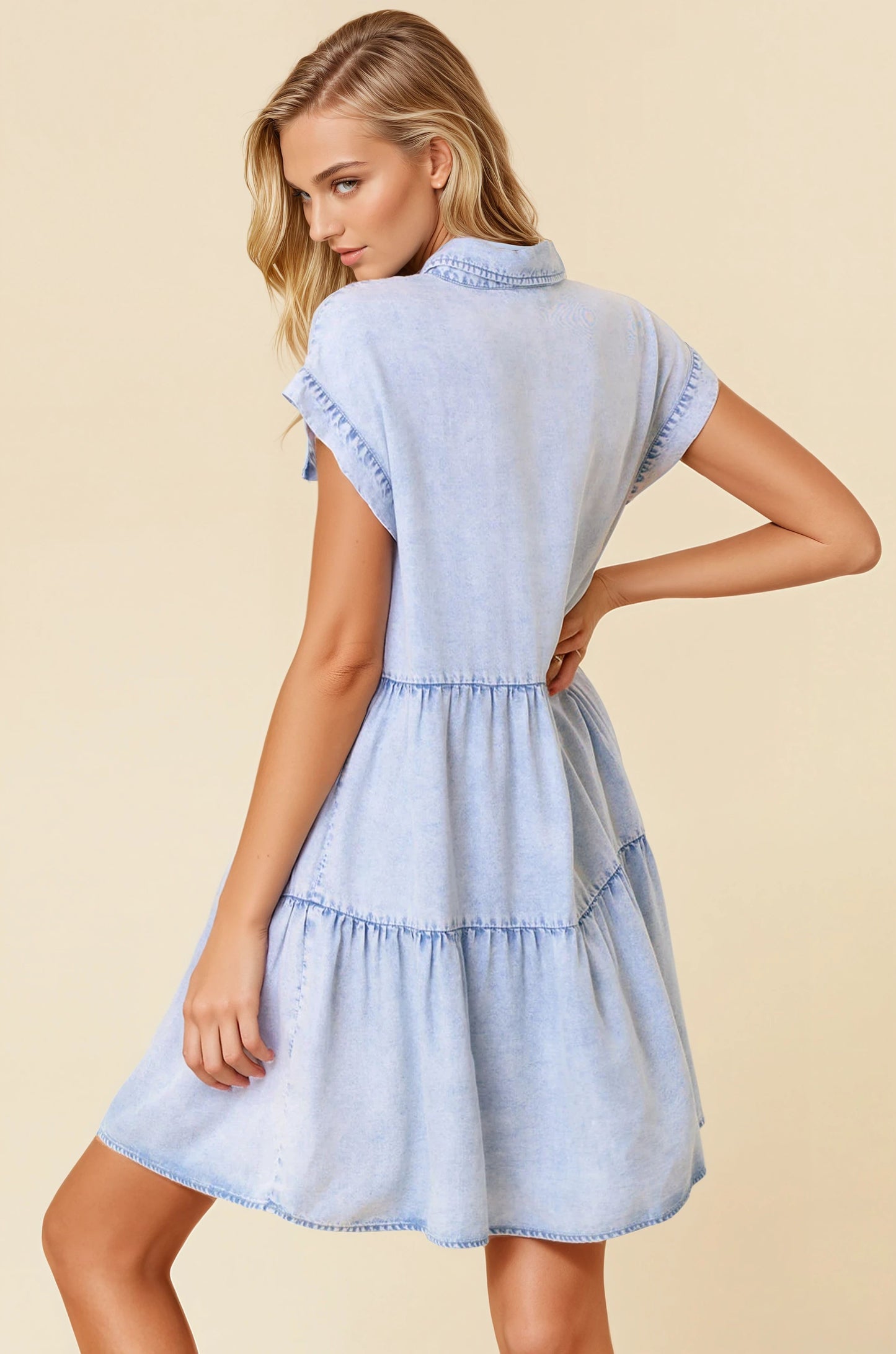 Light Denim Half Button Down Short Sleeve Tiered Mini Dress