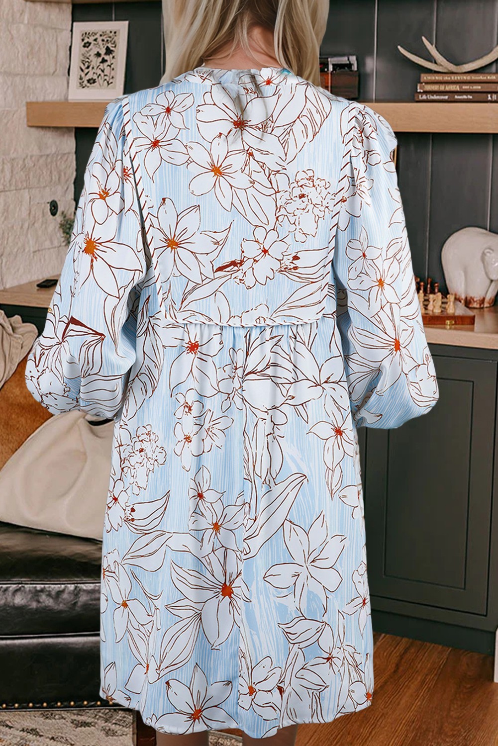Blue + Brown Floral Long Sleeve Mini Dress