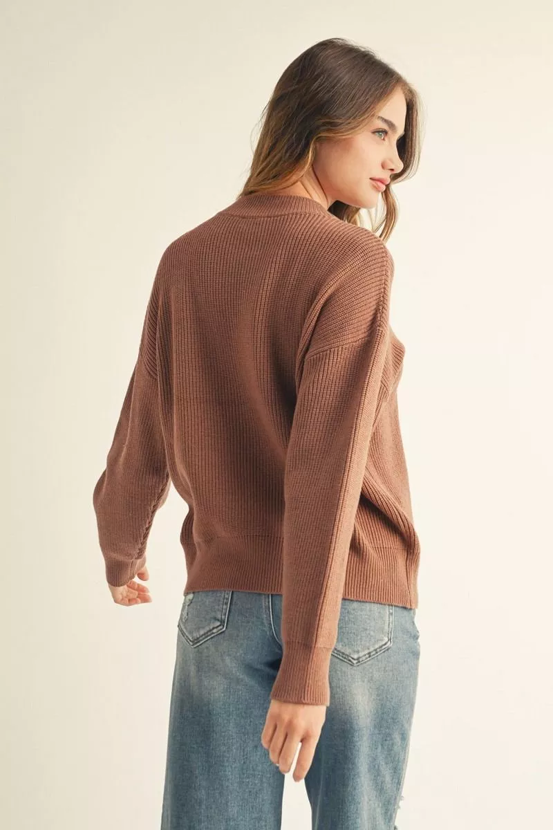 Mocha Mousse Buttoned, Drop Shoulder Sweater