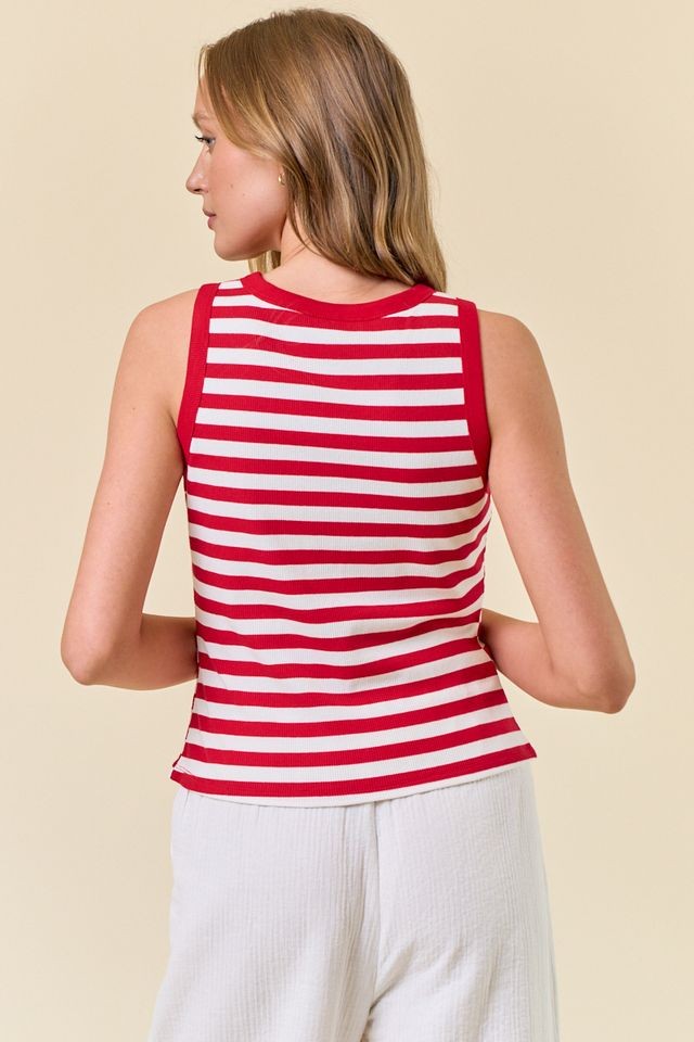Red Striped Knit Button Front Tank