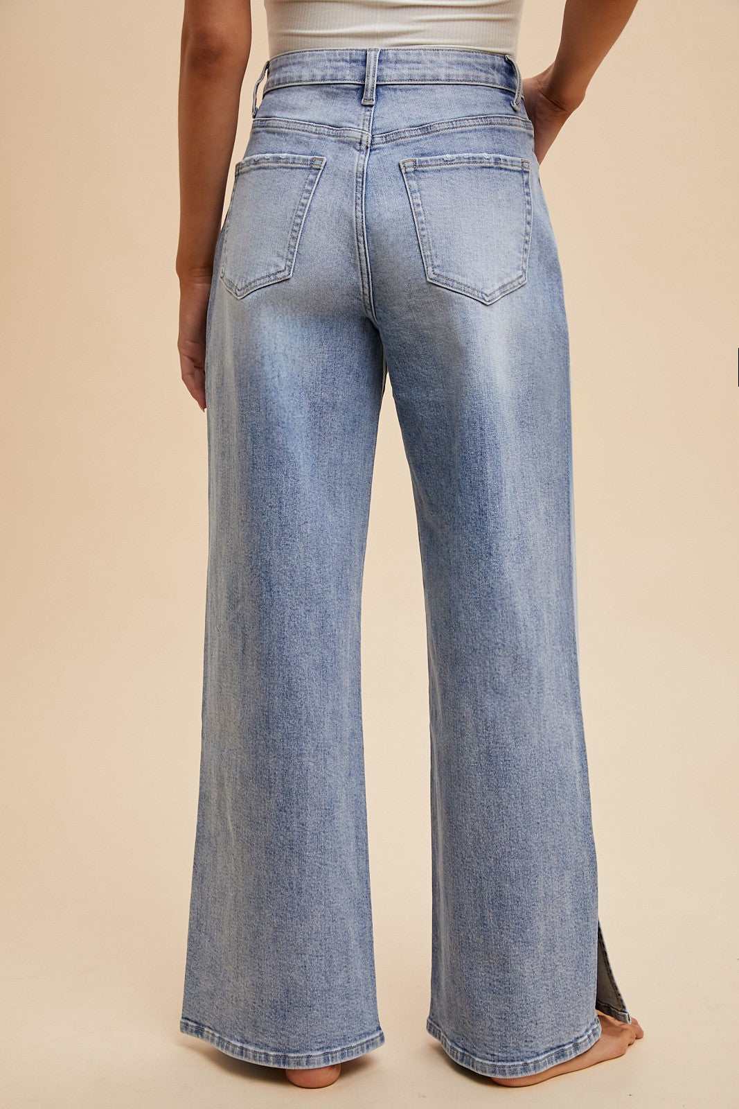 Medium Denim Drawstring Waist Stretch Wide Leg Jeans