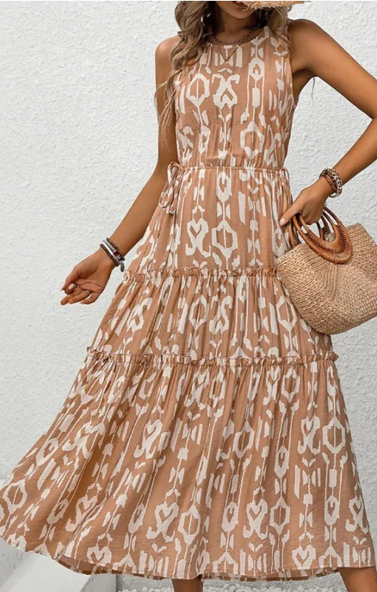 Brown Patterned Sleeveless Maxi Dress w/ Back Cutout