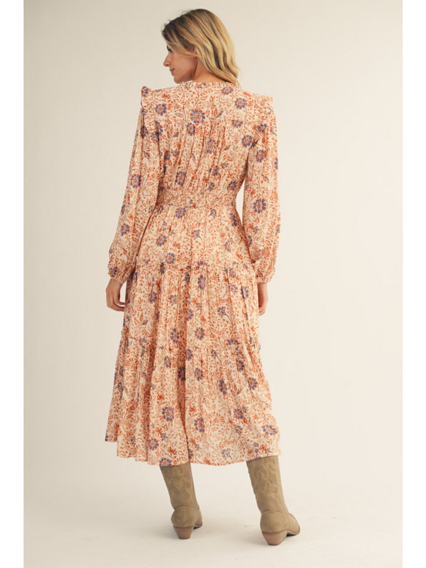 Caramel Mix Floral Shimmery Long Sleeve Midi Dress