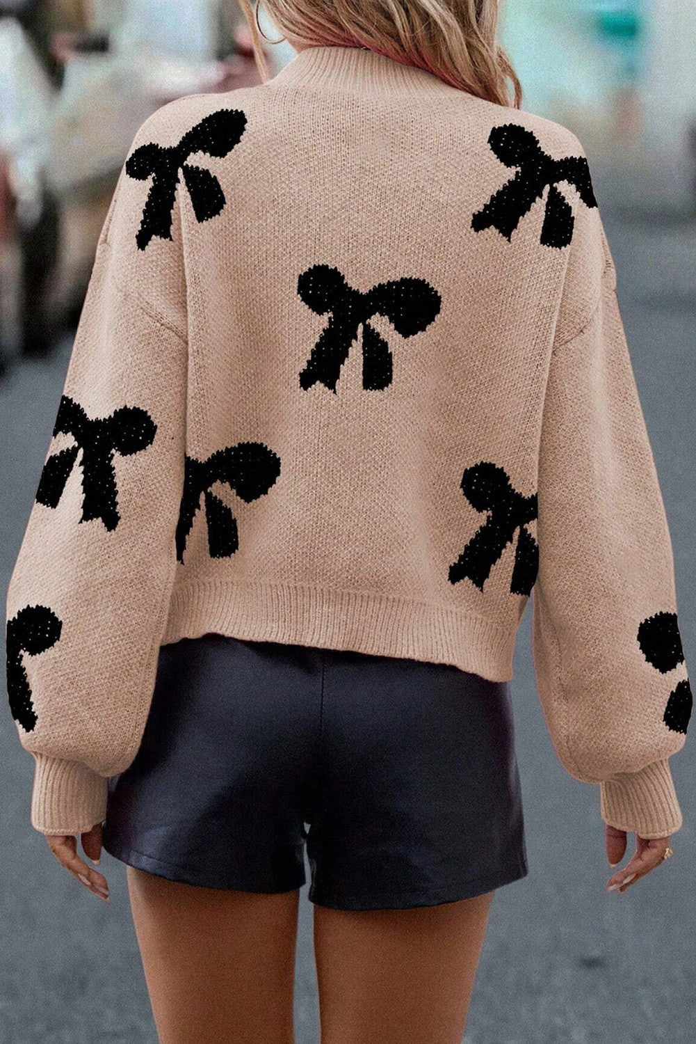 Taupe Pearl Embellished Bow Patterned Sweater