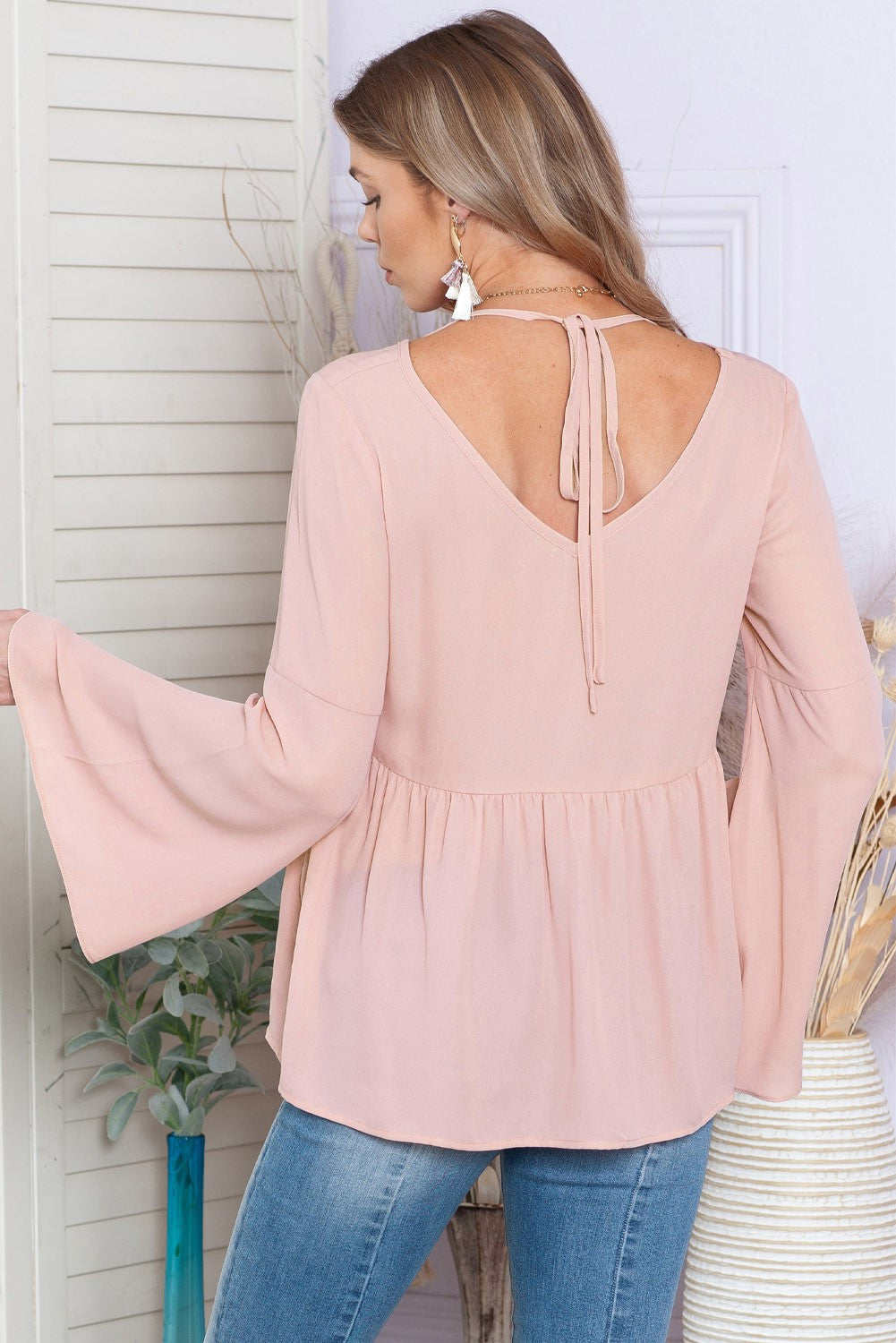 Pink Wide Sleeve V-Neck Tie Back Blouse