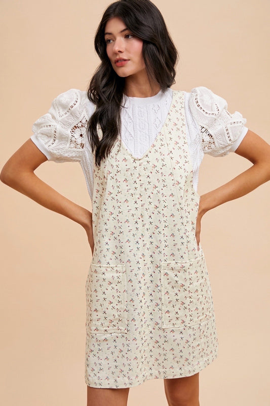 Ivory Floral V-Neck Overall Mini Dress