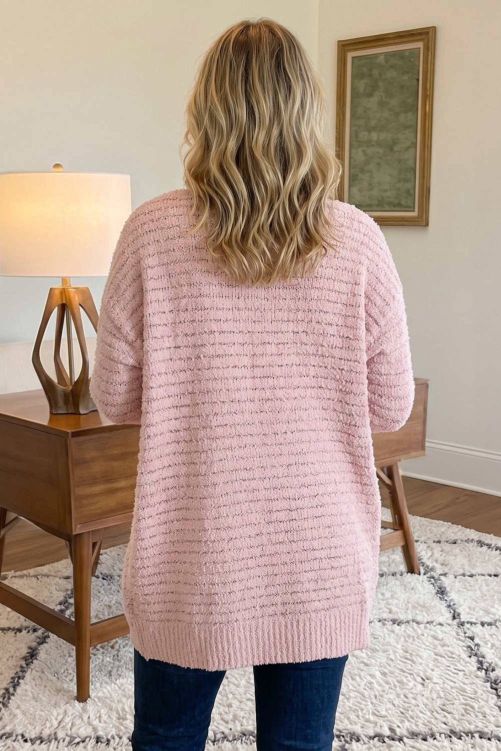 Pink Fuzzy Ribbed Open Front Cardigan