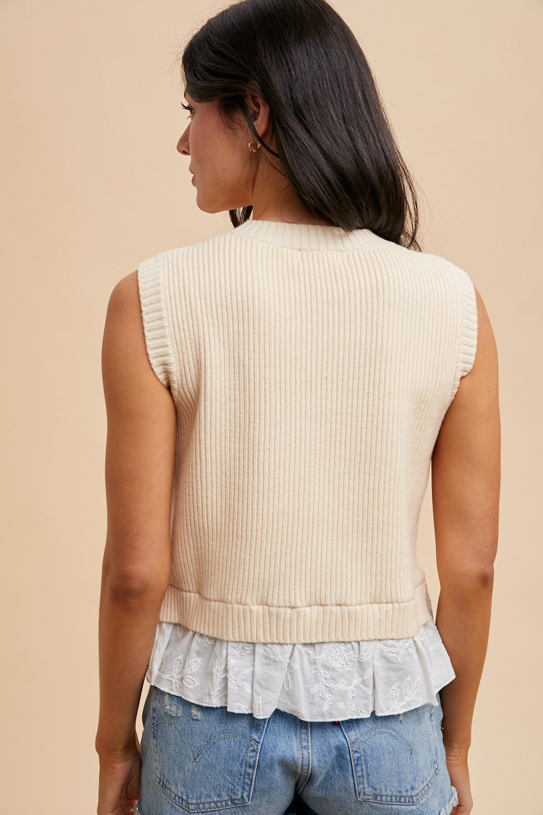 Cream Mix Media Eyelet Layered Sweater Vest