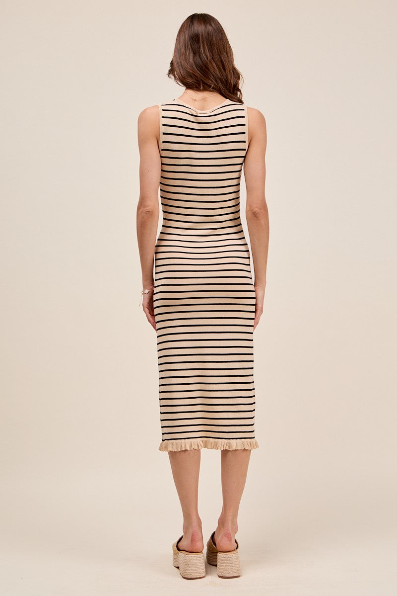 Oatmeal/Black Striped Sleeveless Knit Midi Dress w/ Ruffled Hem