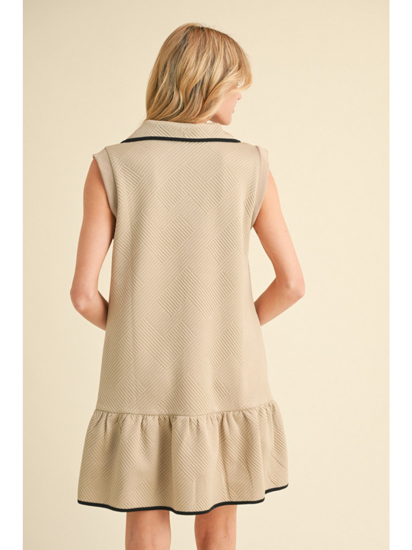 Zip Up, Wide Collared Sleeveless Mini Dress w/ Ruffly Hem