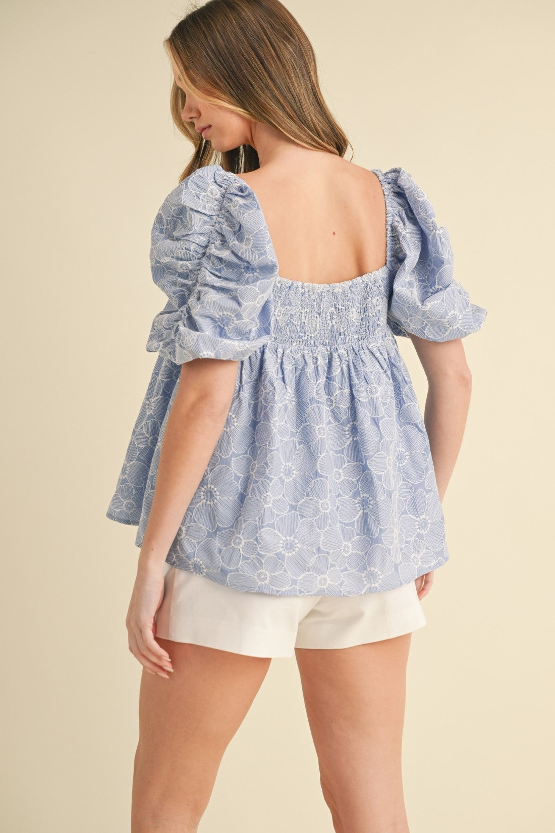 Periwinkle Ruched Short Sleeve Babydoll Blouse w/ Floral Detail