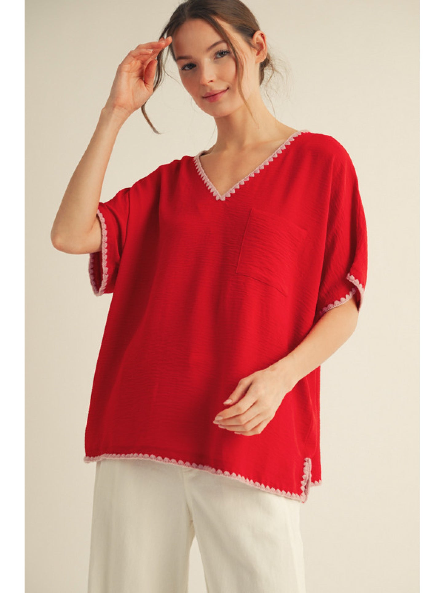 V-Neck Short Sleeve Blouse w/ Knit Trim