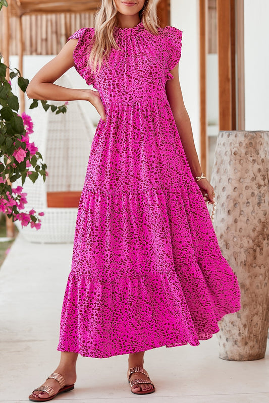 Hot Pink Leopard Print Tiered Maxi Dress