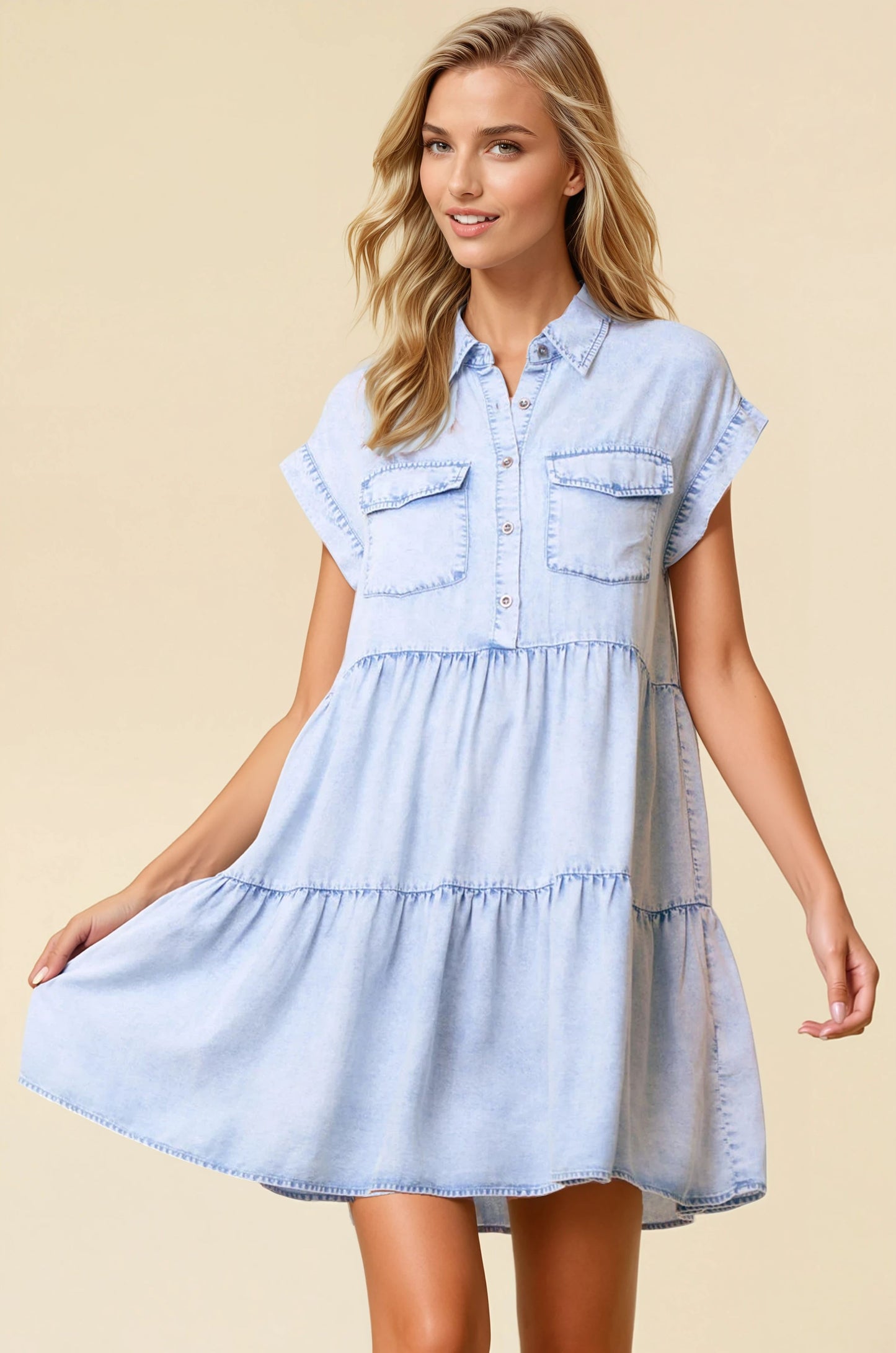 Light Denim Half Button Down Short Sleeve Tiered Mini Dress