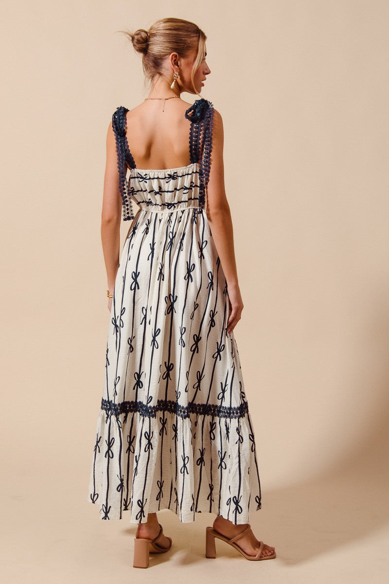 Navy/Off White Ribbon Printed Maxi Dress w/ Ribbon Tie Strap