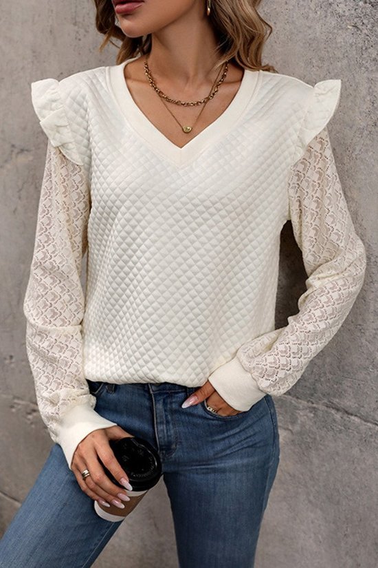 Off-White Quilted V-Neck w/ Lace Sleeves