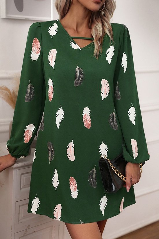 Dark Green Feather Print Long Sleeve Mini Dress
