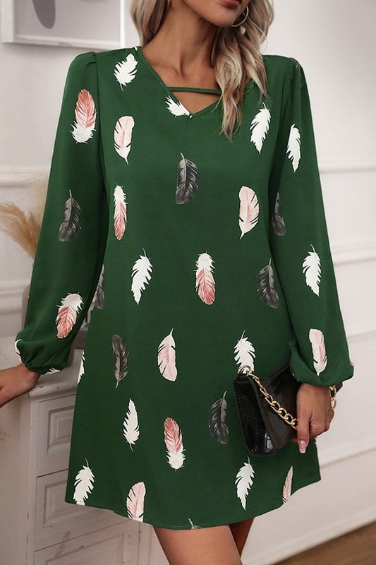 Dark Green Feather Print Long Sleeve Mini Dress