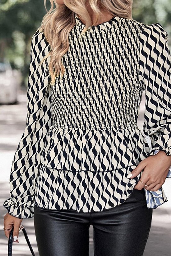 Black Abstract Long Sleeve Smocked Blouse