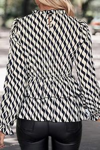 Black Abstract Long Sleeve Smocked Blouse