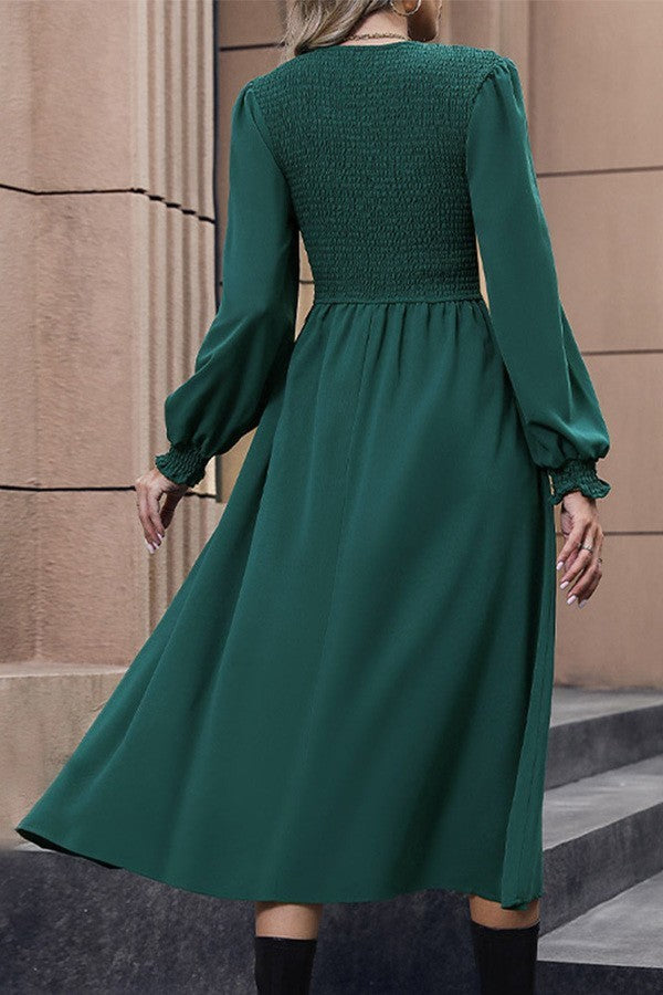 Dark Green Smocked, Long Sleeve Midi Dress w/ Pockets