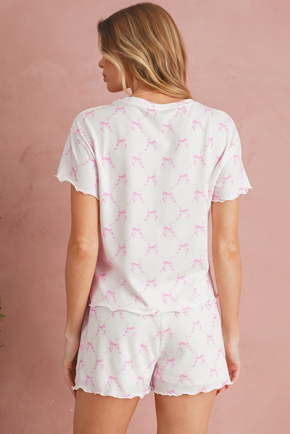 Pink Bowknot Print Top + Shorts Pajama Set