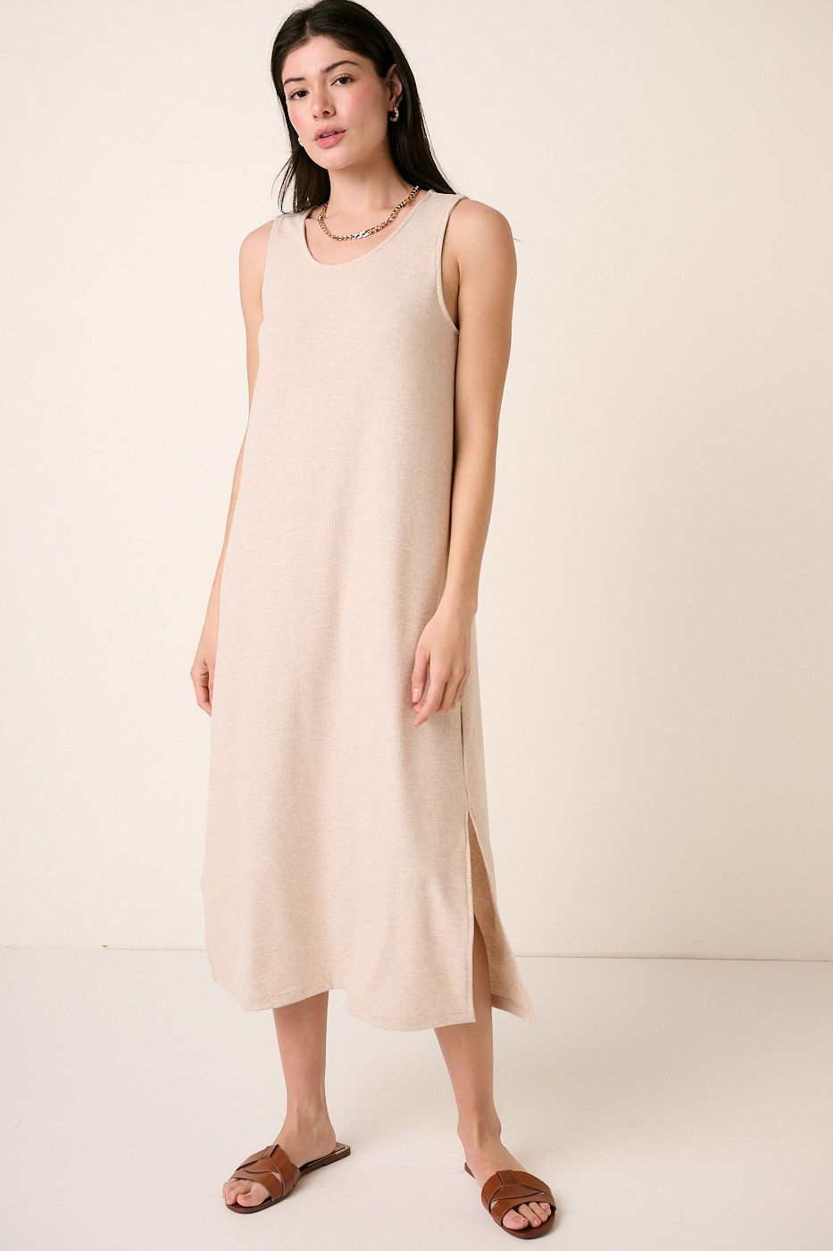 Oatmeal Rib Knit Round Neck Max Dress