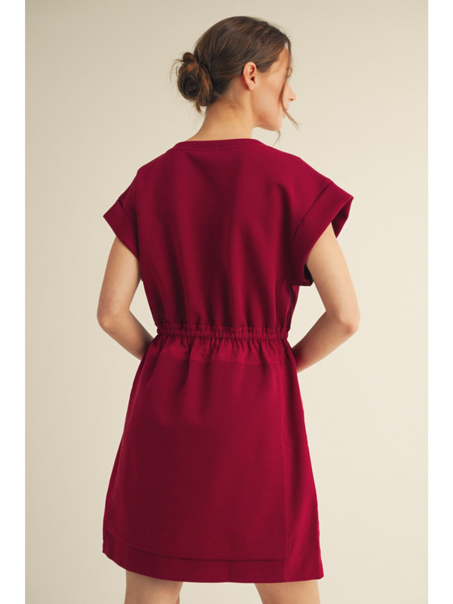 Burgundy Drawstring Waist, Short Sleeve Mini Shirt Dress