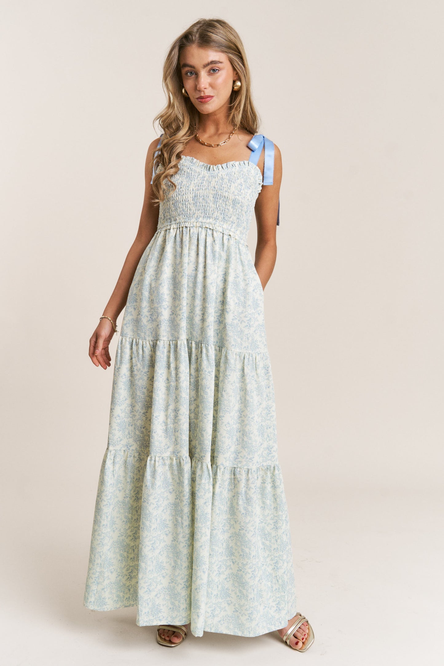 Blue Floral Tiered Maxi Dress w/ Tie Straps