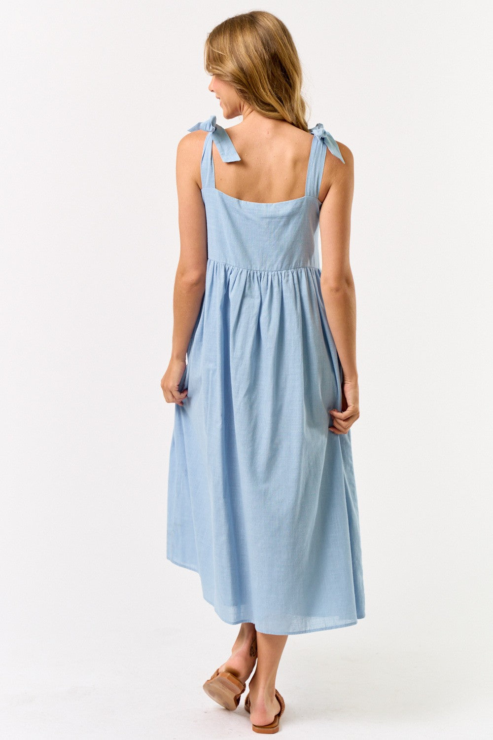 Light Blue Bow Strap Embroidered Midi Dress