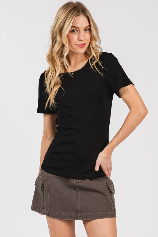Rib Knit Scoop Neck Short Sleeve