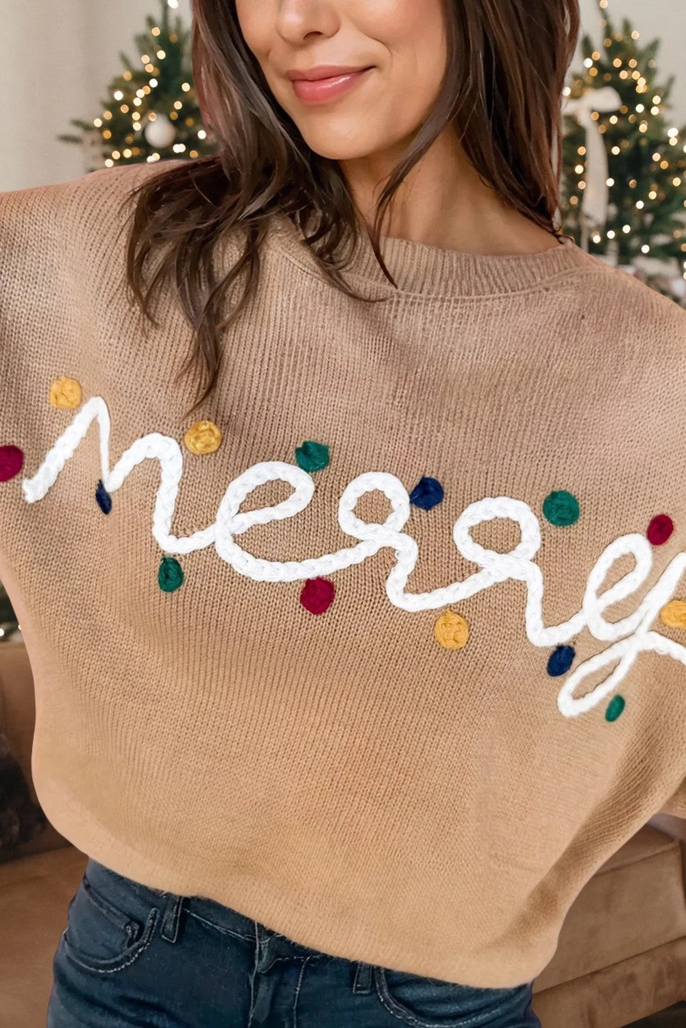 Beige Knit Embroidered 'Merry' Christmas Sweater