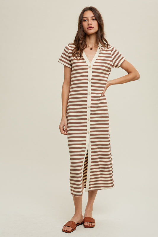 Mocha/Natural Striped Knit Button-Up Midi Dress
