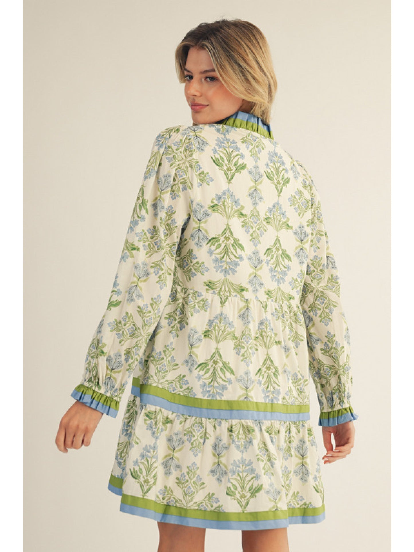Blue/Green Floral Long Sleeve, Tiered Mini Dress