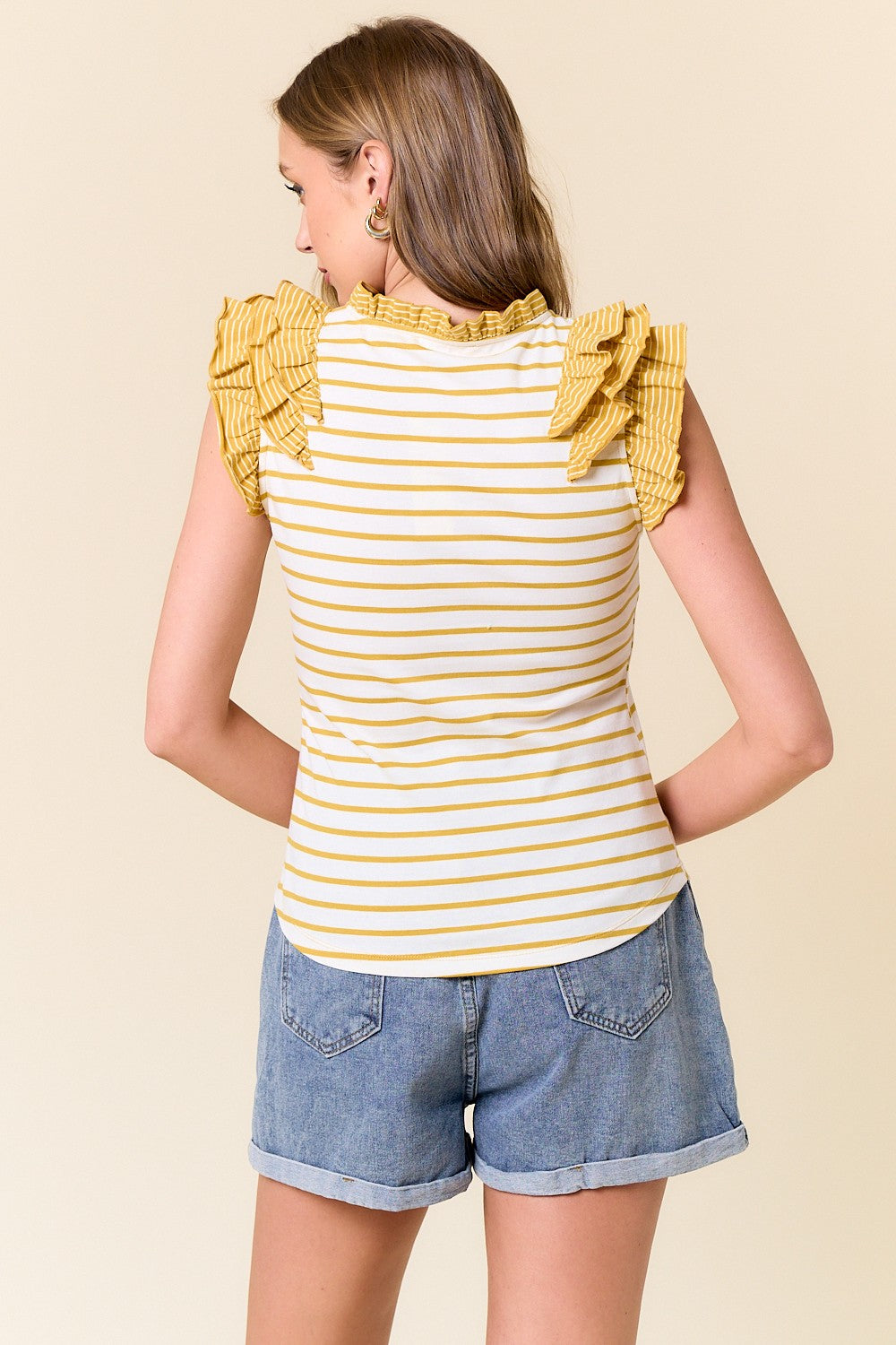 Striped Split V-Neck Ruffled Tank