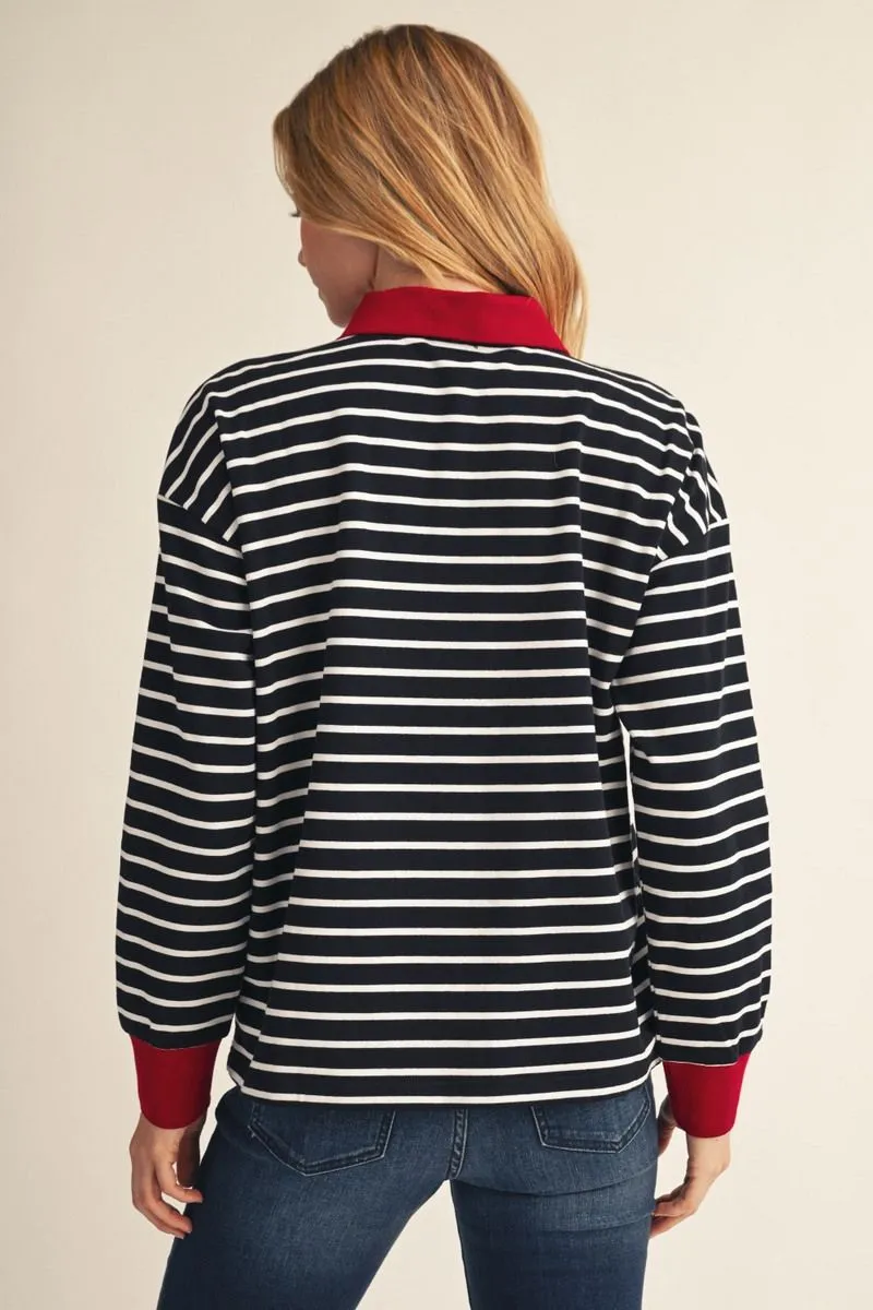 Black Striped, Long Sleve Polo Top