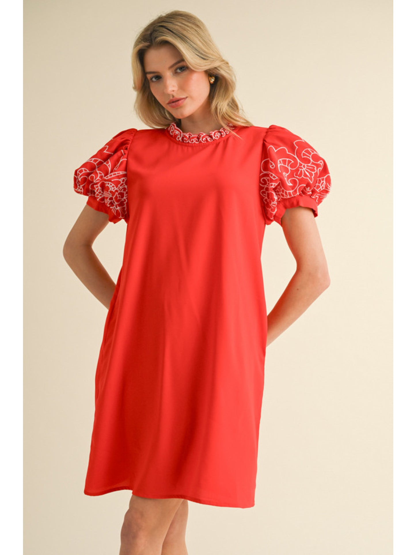Red High Neck Mini Dress w/ Embroidered Puff Sleeves