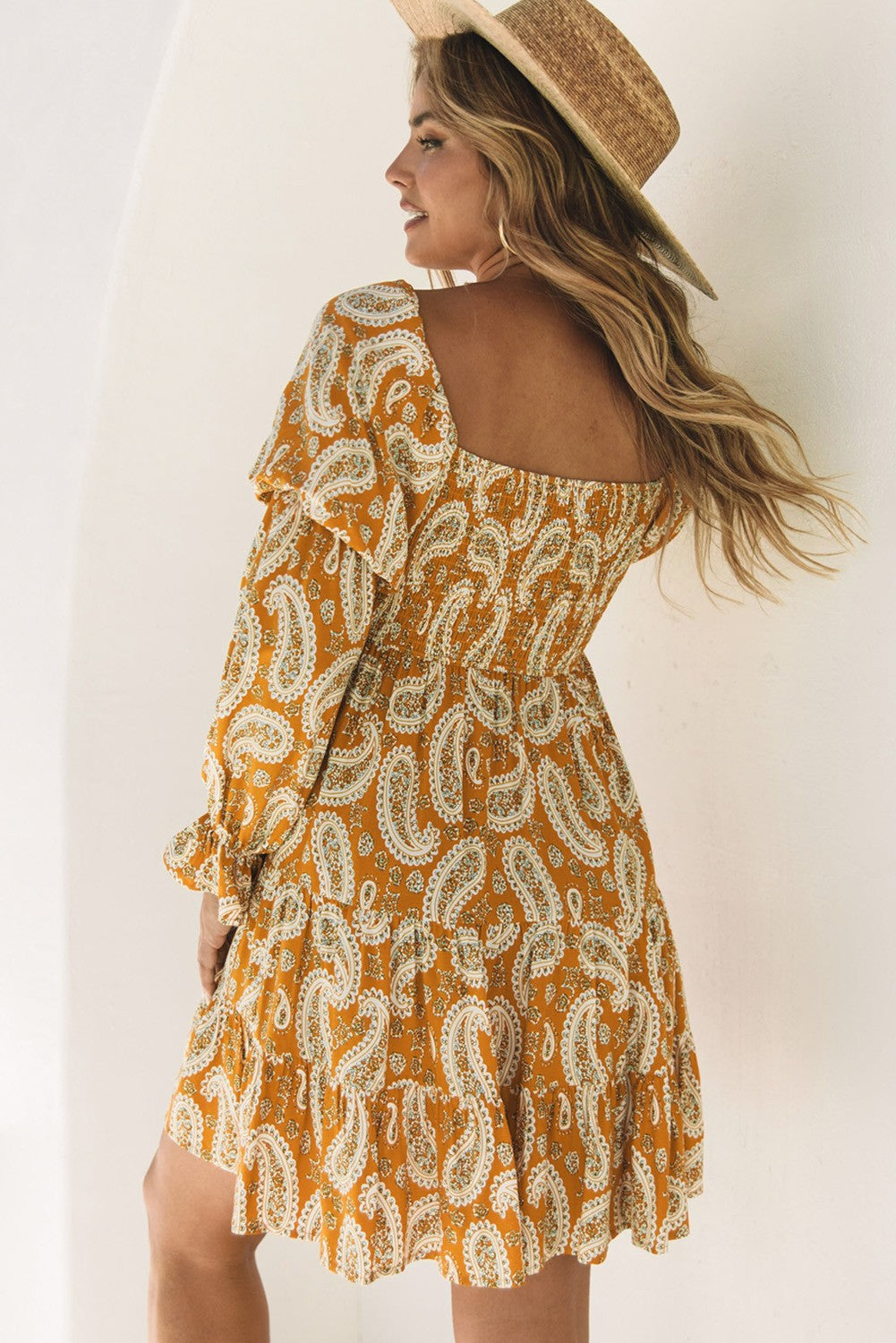Mustard Paisley Mini Dress w/ Romantic Puff Sleeves