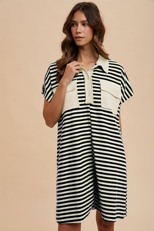 Cream/Black Striped Short Sleeve Mini Shirt Dress