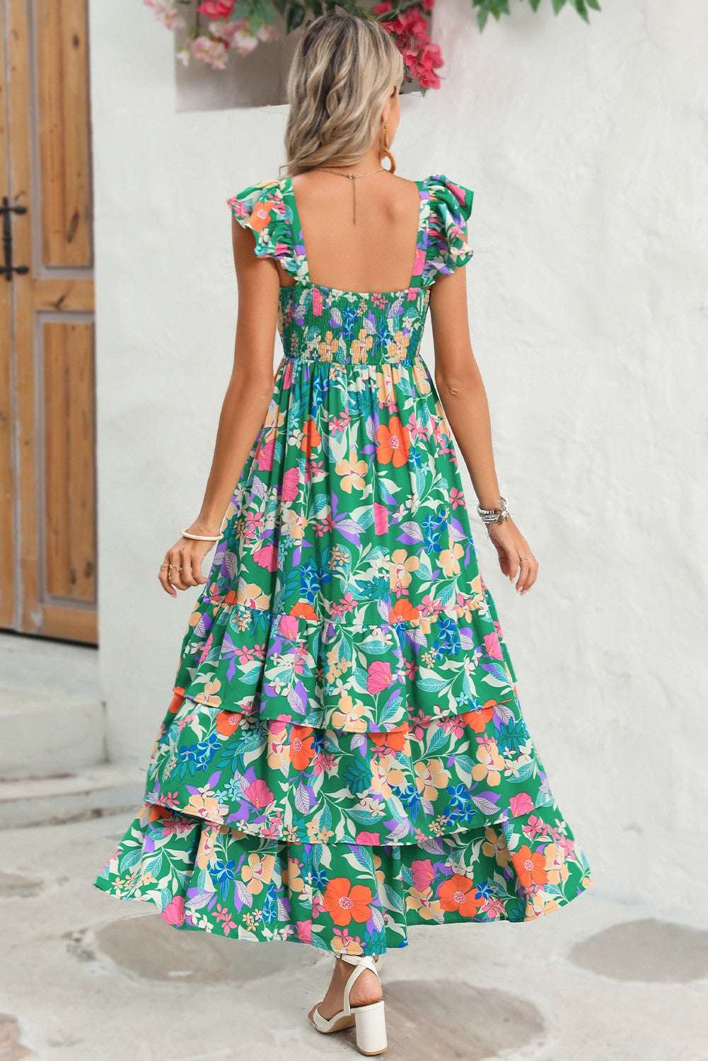 Green Floral Sleeveless Ruffle Tiered Maxi Dress